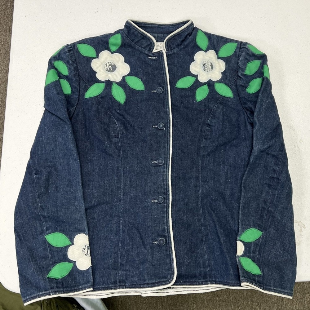 Ayako Denim Jacket Womens Blue Floral Applique Mandarin Collar Button Front